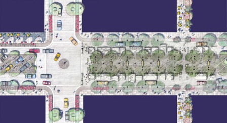 Lancaster Boulevard has been transformed into a multi-purpose, pedestrian-friendly space. Source: Moule & Polyzoides